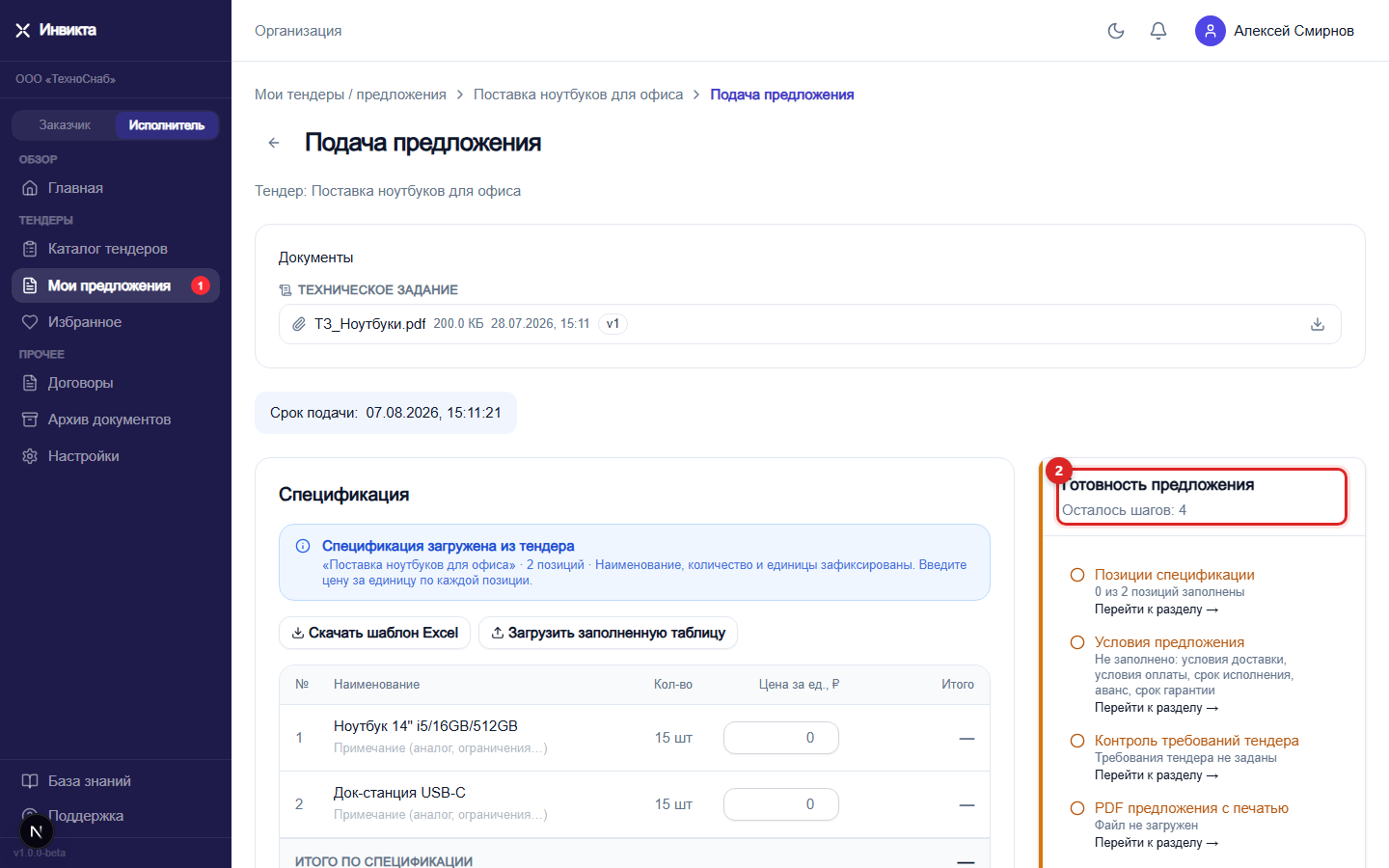 Панель «Готовность предложения»
